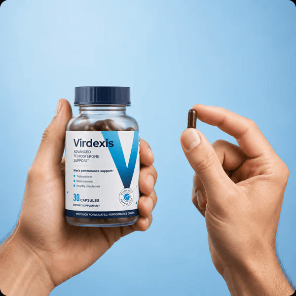 Original Virdexis Dose mit 30 Kapseln und einer Kapsel in der Hand